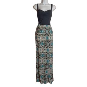 Elegant Black and Teal Patterned Maxi Dress